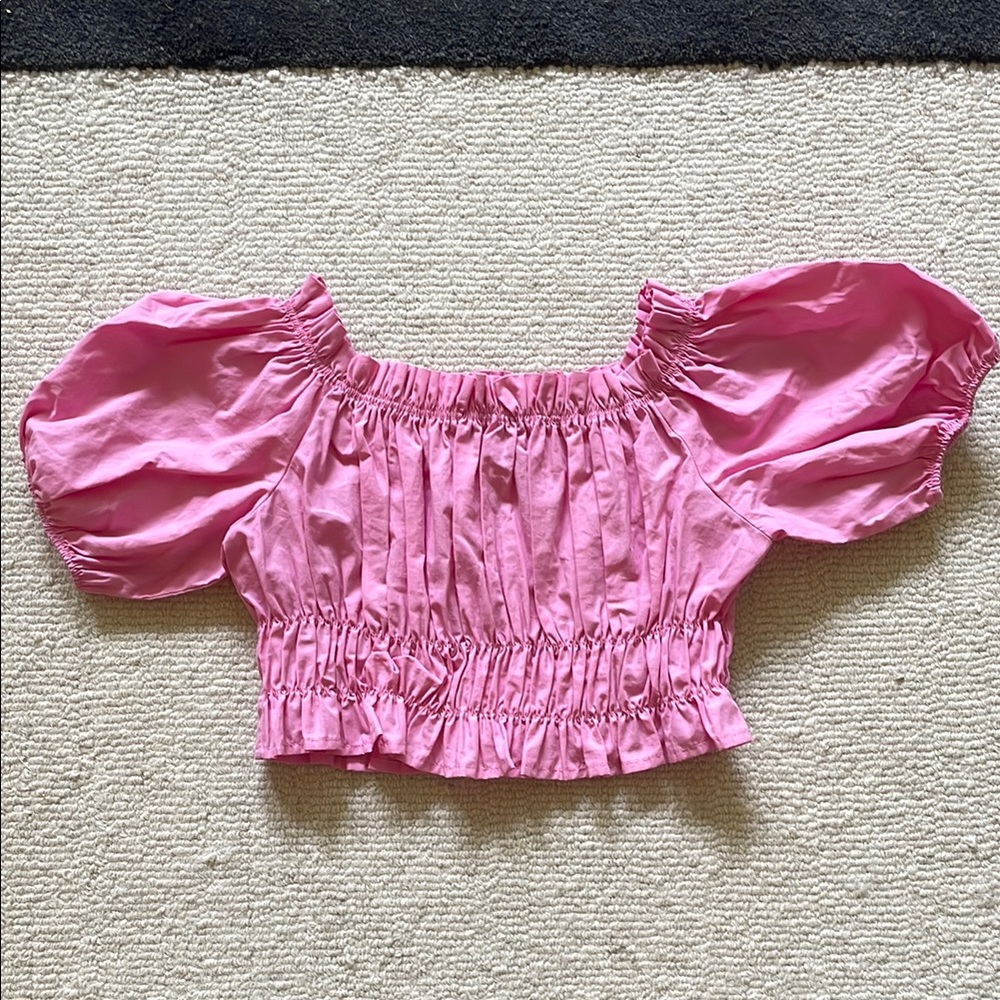 Zara Pink Short Puff Sleeve Smocked Crop Top Small